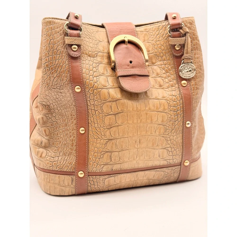 Brahmin Tan Crocodile Embossed Leather Shoulder Bag Tote Gold Hardware Studded